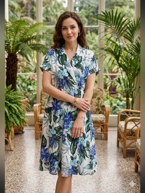 Tapestry Vintage 90s Tropical Floral Wrap Dress Size 12 Green Blue